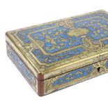 A mid 19th century Boulle sewing box, with mother of pearl and blue enamel fill and implements to