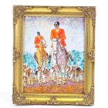 Petty, enamel painting on copper, hunting scene, 10" x 7.5", framed