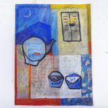 Mixed media, gouache/collage, abstract, possibly Turkish, indistinct signature, 19.5" x 14.5",