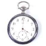 A silver niello-cased open-face top-wind pocket watch, maker's marks BM, white enamel dial with Deco