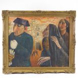 Mid 20-century Spanish School, oil on board, figures in a street, signed with monogram, dated '56,