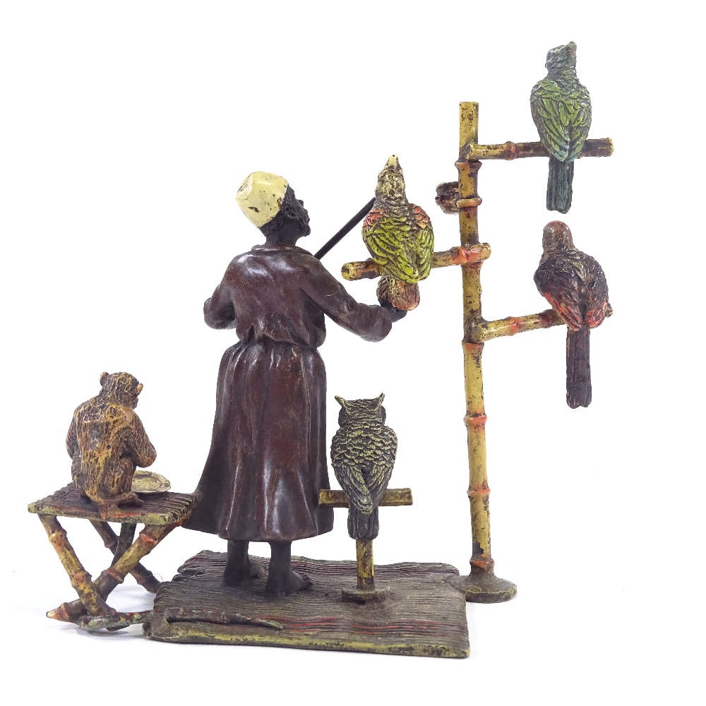 A Franz Bergmann style Vienna cold painted bronze, North African man with parrots, monkey and owl, - Image 2 of 9