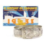 1933 Chicago International Exposition, nickel plate commemorative bracelet with relief moulded
