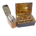 2 leather cased travelling inkwells, largest 7cm long. All complete condition with good fastening
