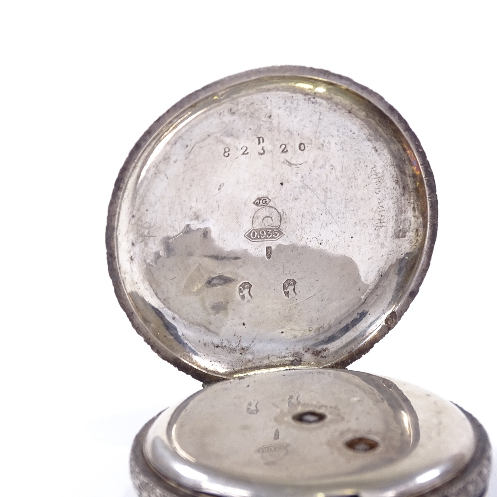 A 19th century Continental silver open-face key-wind fob watch, square-framed gilt white enamel dial - Image 6 of 8