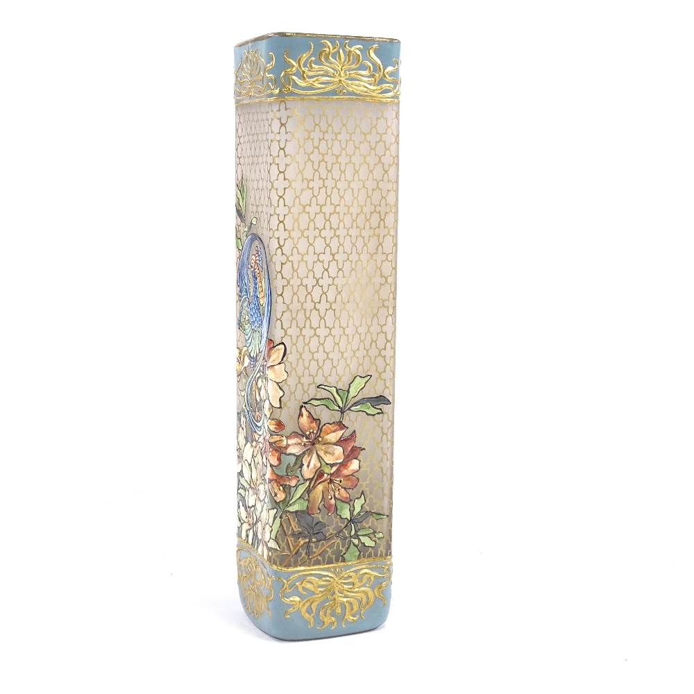 An Art Nouveau square-section opaque glass vase, with hand painted enamel peacock and flower - Image 3 of 8