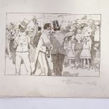 Pen and ink drawing, circa 1910, travelling minstrels, unsigned, image 4.5" x 7", unframed Several