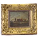 19th century Continental School, oil on canvas laid on card, in the manner of Cuyp, farmer with