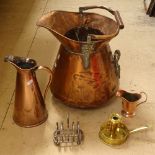 A large copper coal jug, brass chamber stick, silver plated toast rack etc