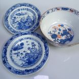 2 Chinese blue and white porcelain dishes, 23cm, and a Chinese Imari bowl on foot, with painted