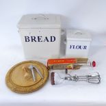 Various kitchenalia, including enamel bread and flour bins, breadboard etc