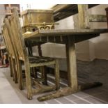 A large weathered hardwood slatted-top garden table, L128cm, D107cm, H75cm, together with 3 matching