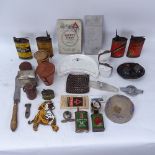 Various Vintage motoring ephemera, including enamel tiger badge, tin Atlantic bulb box, oil cans,