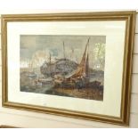 19th century watercolour, galleons and fishing boats, unsigned, 35cm x 50cm