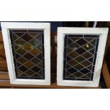 A pair of painted framed coloured leadlight windows, internal window signs, W30cm, H48cm