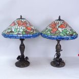 A pair of modern Tiffany style leadlight table lamps, composition bases, shade diameter 42cm