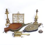 Various collectables, including silver candle holder, 19th century mahogany bellows, brass book