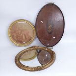 An oval inlaid mahogany and rosewood tea tray, circular sanguine engraving, and gilt-framed oval