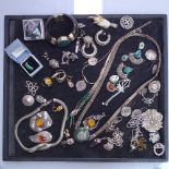 A tray of mainly silver costume jewellery, to include and onyx and stone set bangle, a snake