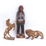 3 modern carved wood sculptures, including Native American, lion and horse, largest height 52cm (3)