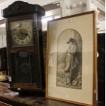 A 1920s walnut-cased hanging wall clock, with 2-train movement, and a pair of coloured prints,