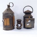 3 19th century painted metal carriage oil lanterns, largest height 34cm (3)