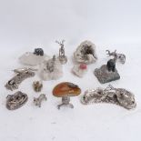 Various pewter and quartz crystal sculptures, and a set of Alden Arts silver plated animal figurines
