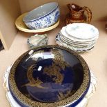 A Crown Devon dish, 29.5cm, a Minton Indian Tree tureen stand, a hunting scene jug, plates etc