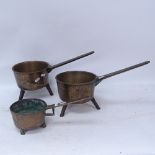 2 Warner cast-brass tripod skillets, and a similar smaller unnamed skillet, largest bowl diameter