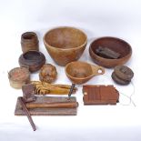 Various turned wood items, including Knobler teak bowl, walnut biscuit barrel, novelty figural