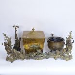 Various brass fireside items, including coal bin, border etc