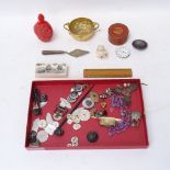 Various interesting collectables, including mother-of-pearl buttons, bone whaling box, gilt-metal