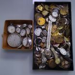 A large quantity of pocket watch parts, fob watches, enamelled dials, wristwatches etc