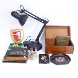 Various collectables, including butterfly wing inlaid pictures, brass-mounted letter rack,