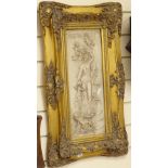 After F Dukuesnoy, a reproduction relief carved marble plaque, Venus and cherubs, in ornate gilt
