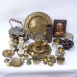Various copper and brass, including large Oriental charger, cannon shell case etc