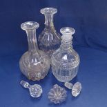 6 various glass decanters and stoppers, tallest 31cm, and a pair of 2-handled glass bowls