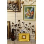 A wrought-iron and ceramic 3-branch floor standing candelabra, gold painted ceramic plate etc