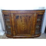 A Victorian figured walnut and ebonised credenza, with 2 bow-end glazed doors and central panelled