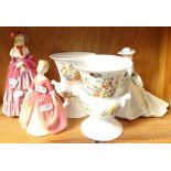 2 Royal Doulton figures, a Coalport figure, and a pair of Aynsley vases