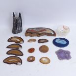 An Orthoceras Devonian Period (360 million years) fossil, and various agate stone slices