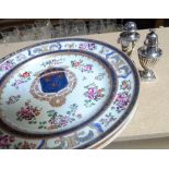 2 Chinese armorial plates, 24cm, and a silver salt and pepper