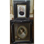 2 19th century portraits on enamel panels, and an early 20th century photographic portrait, framed
