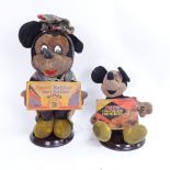 2 early to mid-20th century Mickey Mouse toy dolls, on modern plinths, largest height 25cm