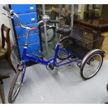 A Pashley TRi 1 tricycle in blue, with rear basket