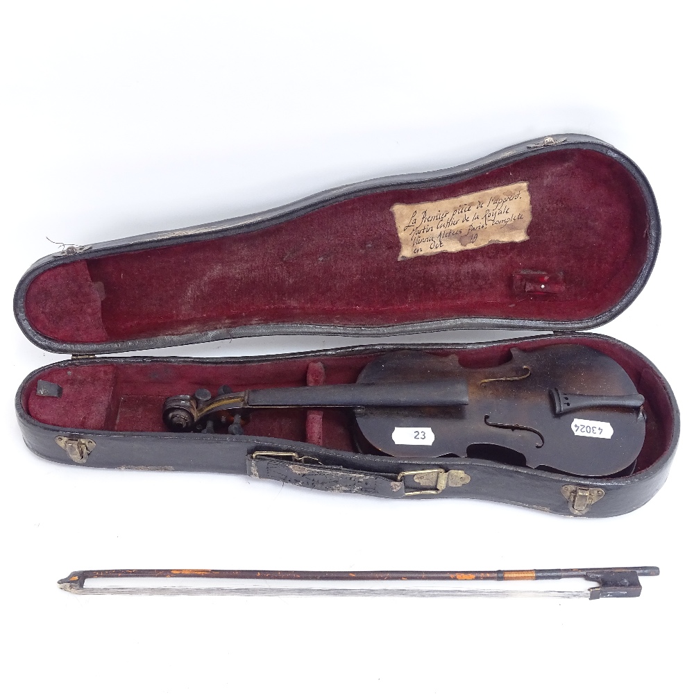 A miniature cased violin and bow, inner label to Martin Cultier of The Royal Vienna Aletees and