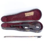 A miniature cased violin and bow, inner label to Martin Cultier of The Royal Vienna Aletees and