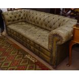 An olive green button-back Chesterfield 3-seater settee, L220cm