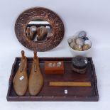 Various collectables, including Ewart's cattle gauge rule, various hardstone eggs, Oriental hardwood
