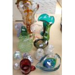 Decorative glass vases and ornaments, including an amber overlay pedestal vase, 26cm